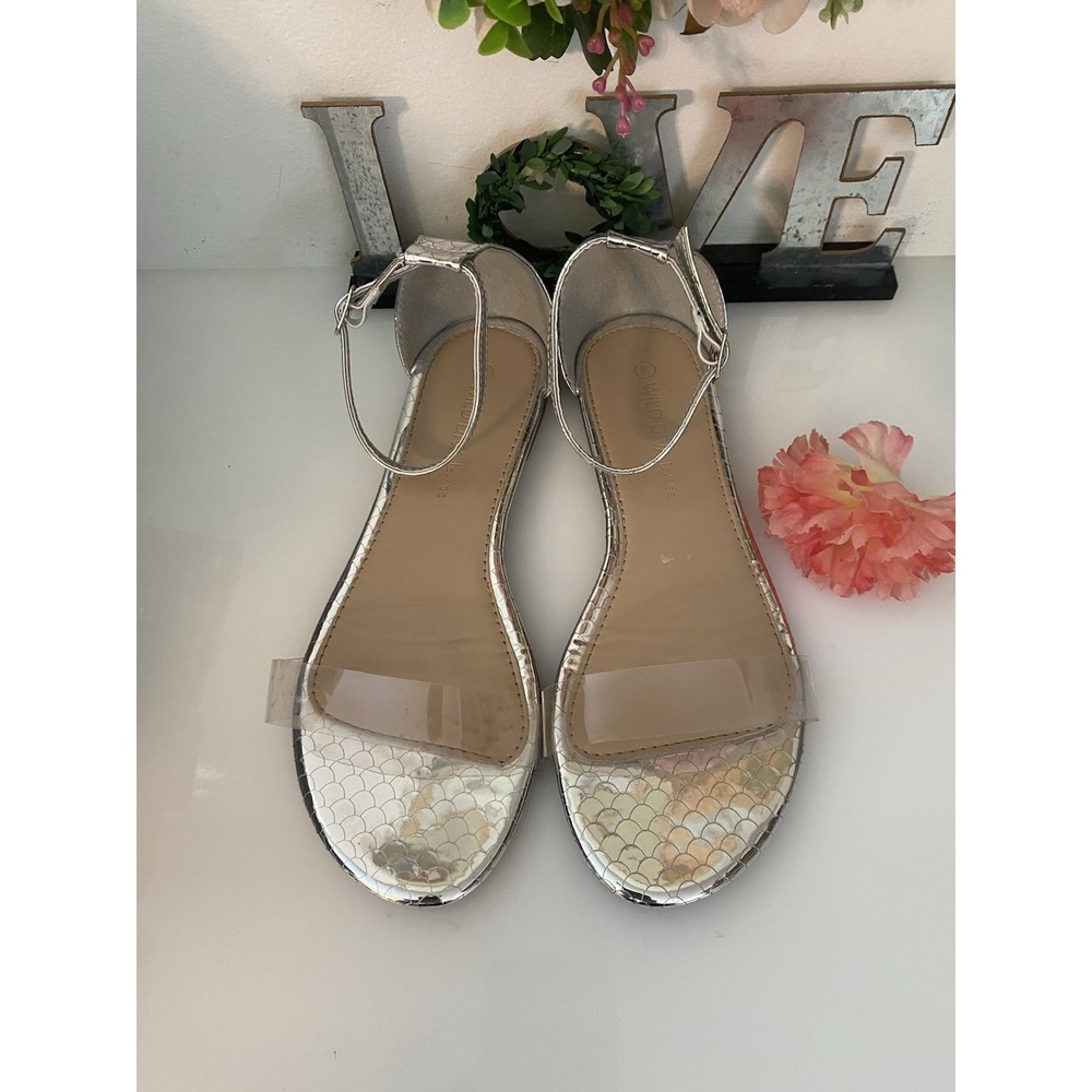 Clear Acrylic and Silver Faux Reptile Wild Diva Ankle Strap Sandals Size 8/8.5‎